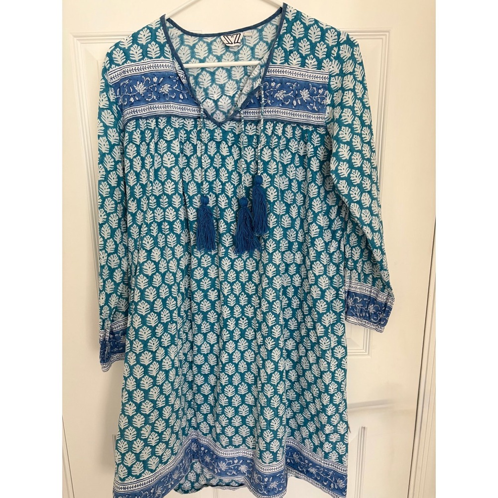 SZ Blockprints Floral Kaftan Kitty Tasseled Boho Travel‎ Dress Medium Women's
